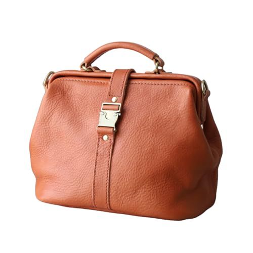 Image of Handmade Leather Doctor Bag for Women, Vintage Frame Satchel, Large Capacity Work Handbag, Soft Genuine Leather Shoulder Tote
