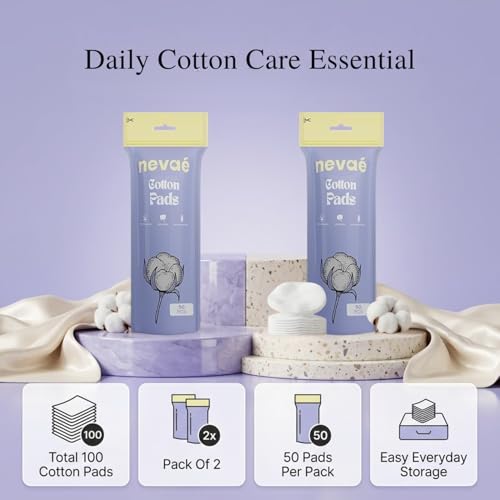 Image of Nevae Cotton Pads for Face (100 pcs) | 100% Pure Cotton | Soft, Lint-Free, Double Sided | Makeup Remover, Toner & Skincare Use | Pack of 2 (50 Pcs each)