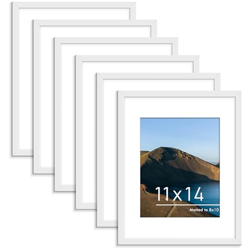 Image of PEALSN 11x14 Picture Frame Set of 6, Display Pictures 8x10 with Mat or 11x14 without Mat for Wall Mounting or Table Top Display, Photo Frames Collage for Wall Decor, White.
