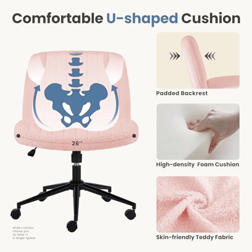 Image of DUMOS Criss Cross Chair with Wheels, Cross Legged Office Chair Armless Wide Desk Chair with Dual-Purpose Base, Adjustable Swivel Teddy Fabric Task Vanity Home Office Desk Chair, Pink