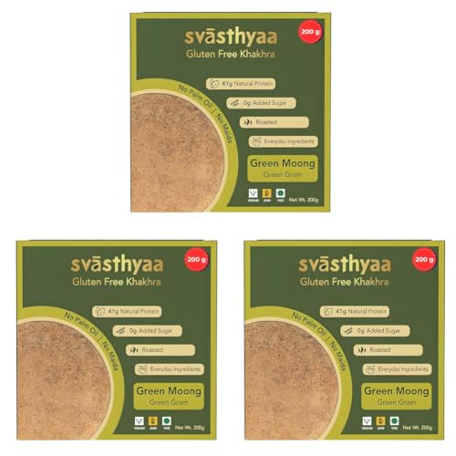 Image of Svasthyaa Green Moong Dal Khakhra | Gluten Free Roasted Khakra Snack | No Palm Oil, No Maida | Healthy Light Diet Snack for Weight Loss | 200g (Pack of 3)