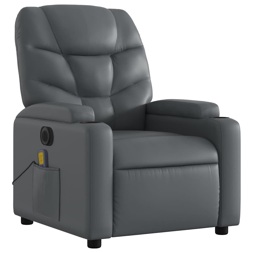 Sillón de masaje eléctrico gris de piel sintética con 6 puntos de vibración y motor eléctrico, sillón relax con reposapiés y respaldo hasta 135 grados