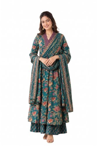 Image of Women's Rayon Printed Anarkali Kurta and Pant with Dupatta Set
