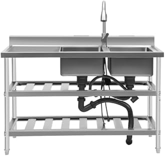 Free Standing Commercial Kitchen Sink 2 Compartment Stainless Steel Prep & Utility Sink 201 Stainless Steel Freestanding Kitchen Sink for Restaurant, Kitchen, Outdoor (Dual Bowl Style w/Baffle)