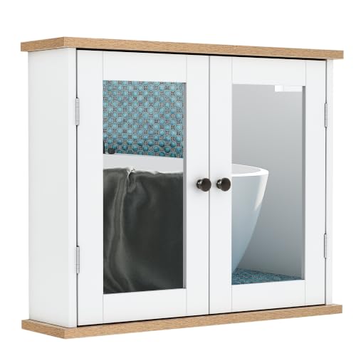 Image of kleankin Bathroom Mirror Cabinet Wall Mounted Storage Cupboard with Double Door and Adjustable Shelf, White
