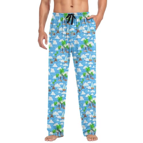 Men’s Tropical Coconut Tree Pajama Pants with Pockets, Comfortable Lounge Sleep Bottoms#1583