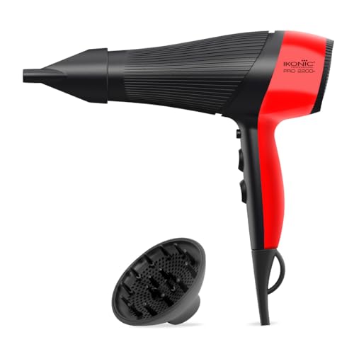 Image of Ikonic Pro 2200+ Hair Dryer, 2200W Powerful AC Motor, Ionic Technology, 2 Speed & 3 Heat Setting, Cool Shot, Low Noise, Hair Diffuser & Nozzle, For Women & Men, All Hair Type (Black & Red)