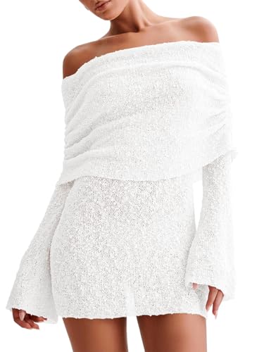 Imily Bela Womens Beach Swimsuit Cover Ups Summer Off The Shoulder Long Bell Sleeve Sheer Mini Dress