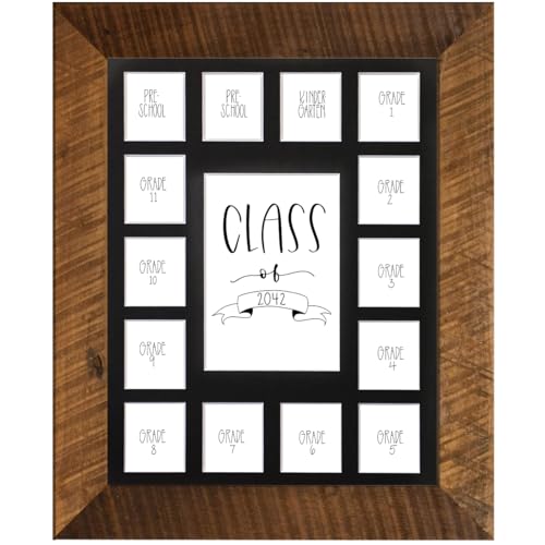 Image of Rustic Red Door Co. School Years Reclaimed Wood Picture Frame with Mat - 11x14 Wooden Framed 15 Photo Collage Mat Pre-School & Kindergarten to 12th Grade High School Graduation (Class of 2042, Black)