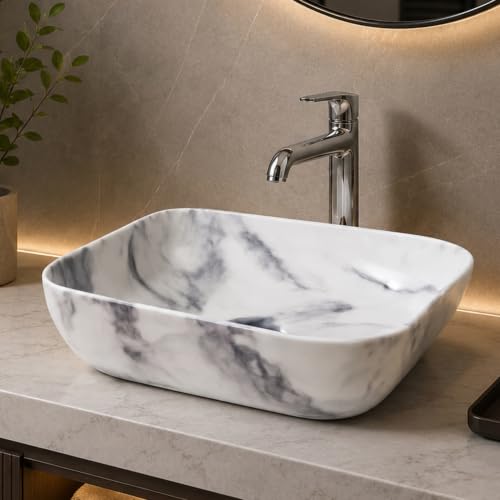 Image of Ceramic Tabletop Wash Basin - Glossy Rectangular Countertop Vessel Sink with Marble Finish for Bathroom & Vanity | Compact 18 x 13 x 5 Inch | Elegant Washbasin
