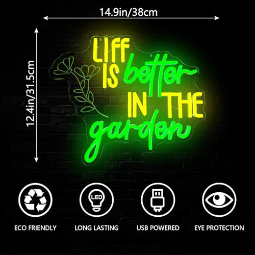 Image of Green Neon Sign Liff Is Better In The Garden LED Neon Light for Garden Room Bedroom Living Room Plant Neon Light Sign for Plant Lovers Flower LED Sign Gift for Mom or Plant Enthusiasts
