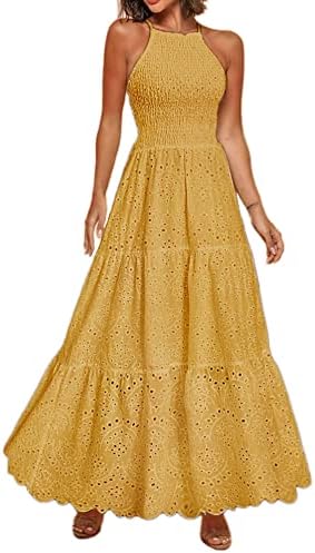 BerryGo Women's Halter Embroidery Eyelet Prom Maxi Dress Backless Elegant Long Cocktail Maxi Dress Yellow L