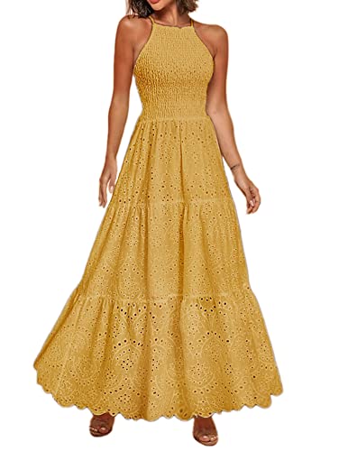 Berrygo Women's Halter Embroidery Eyelet Prom Maxi Dress Backless Elegant Long Cocktail Maxi Dress Yellow L #TOP2