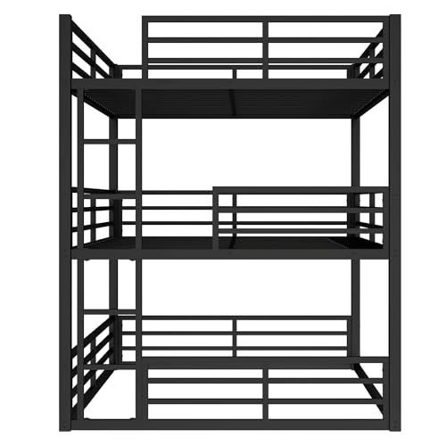 Image of Queen Over Full XL Over Queen Bunk Bed, Metal Triple Bunk Bed with Safety Guardrails, Modern Bed Frame for Kids, No Box Spring Required, Black