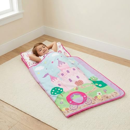 Image of EVERYDAY KIDS Toddler Nap Mat with Removable Pillow -Princess Storyland- Carry Handle with Fastening Straps Closure, Rollup Design, Soft Microfiber for Preschool, Daycare, Sleeping Bag -Ages 2-6 years