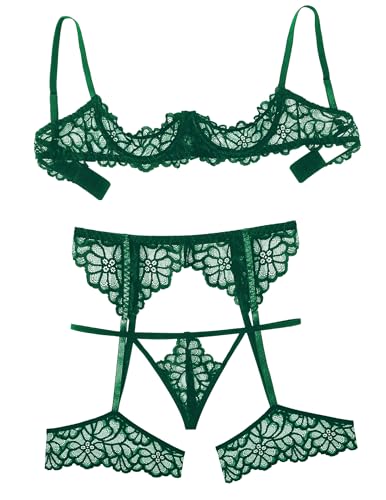 Avidlove Women's Sexy Lingerie Set with Garter Belt Matching Bra and Panty Lingeries Sets 3 Piece Green