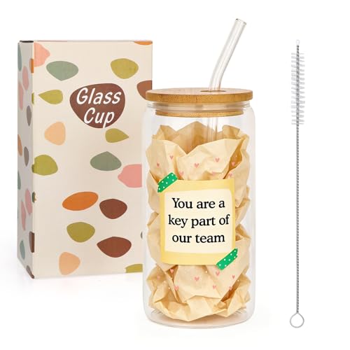 VOBAGA16oz Iced Coffee Glass Cup with Lid & Straw, Appreciation Gift for Employees Coworker Colleague, Drinking Glasses for Smoothies, Corporate Welfare & Birthday Gift for Women Men, Office Daily Use