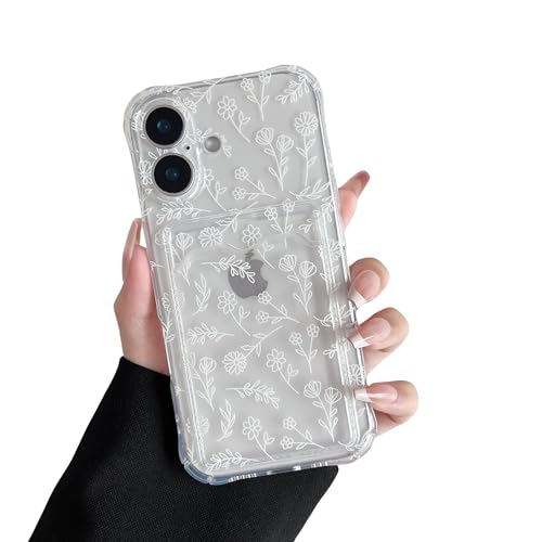 DEFBSC Compatible with iPhone 17 Transparent Back Card Holder Phone Case Ultra Slim Soft TPU Shockproof Clear Case with Card Slot for Back of Phone Floral Pattern Design Sketch Flower