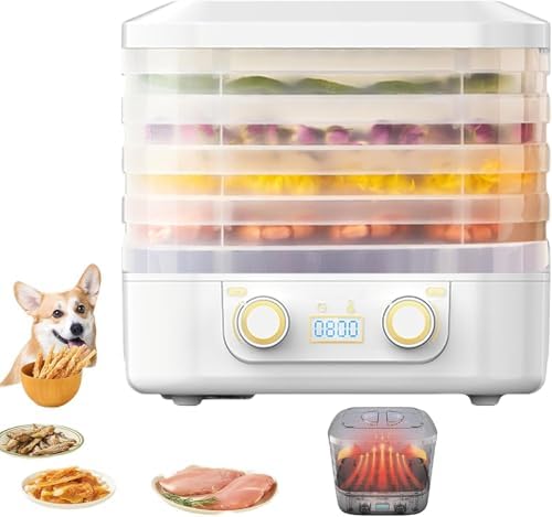5-Tray Mini Electric Food Dehydrator, Adjustable 35-75℃ Temperature Control, 48H Timer, Removable Trays for Fruits, Vegetables, and Meat - White & Blue