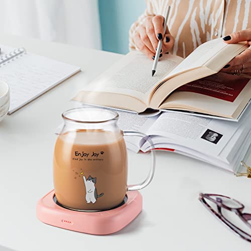 Bsigo Smart Coffee Mug Warmer & Cute Cat Glass Mug Set, Beverage Warmer For Desk Office, Cup Warmer Plate For Milk Tea Water With Two Temperature Setting(Up To 140℉/ 60℃), 8 Hour Auto Shut Off, Clear #TOP5
