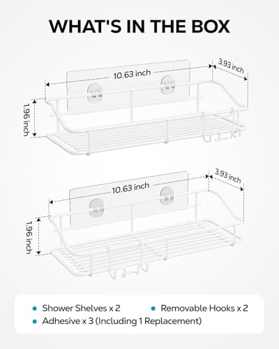 Image of Nieifi Shower Caddy Shelf with Hooks Storage Rack Organizer Adhesive Stainless Steel Without Drilling for Bathroom, Lavatory, Washroom, Restroom, Shower, Toilet, Kitchen - 2 Pack (White)