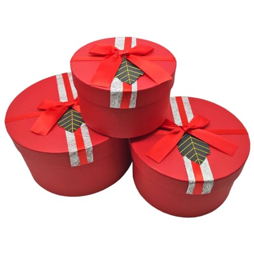 Tradineur - Set de 3 cajas de regalo redondas con lazo, 3 tamaños distintos, cajas decorativas con tapa, presentación, cumpleaños, Navidad (Rojo - 19,5 cm, 16,5 cm y 13,5 cm)