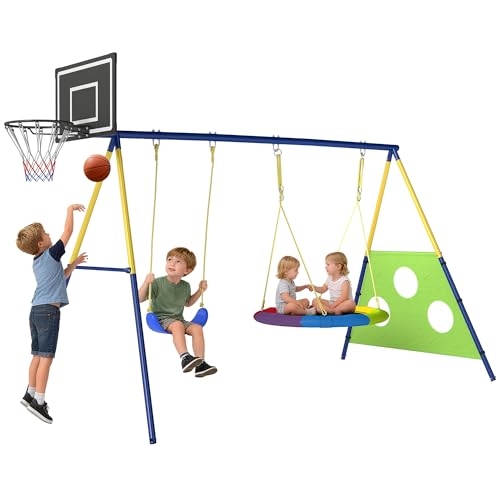 AIYAPLAY Balançoire Portique Enfants 4-en-1, avec Balançoire Nid, Panier de Basket et Cage de Football, Aire de Jeux Extérieure, Support en Acier, pour Âge...