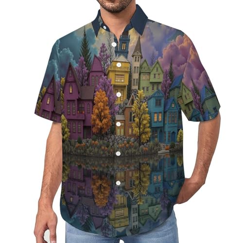 Chemise homme manches courtes au motif de la ville onirique avec un col revers élégant