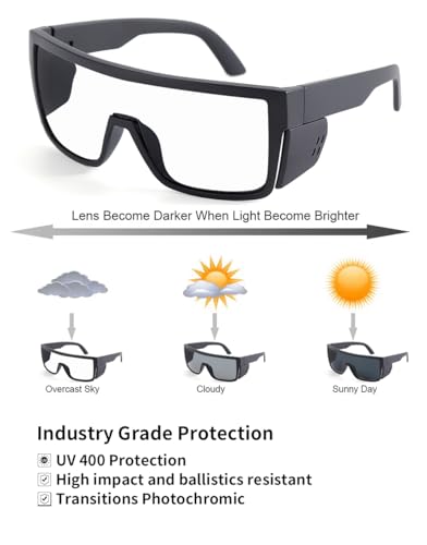 Image of UV400 Transition Photochromic Safety Glases Light to Dark Grey Lens ANSI Z87 Impact Approved