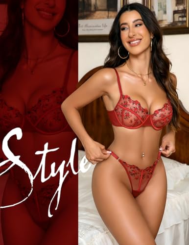 Image of Lingerie Sexy Bra and Panty Set for Women See Through Sheer Underwear Cute Exotic Floral Embroidery Babydoll Set