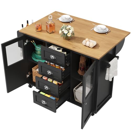 Kücheninsel 138x73(45) x93 cm Schwarz, Ausklappbarer Arbeitsplatte, 4 Schubladen & 4 Rollen, Gewürzregal & Handtuchhalter, Küchenschrank Buffetschrank, MDF & Metall für Kleine Küchen