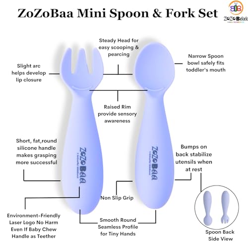 Image of Baby Weaning Spoon & Fork Set, Chewable Silicone Utensils for Training Infants, Baby Led Self Feeding, 6 M+| Gum Friendly, BPA Free, Dishwasher Safe, Unbreakable, 1 Pair, Purple