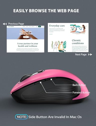 Image of Trueque Wireless Mouse for Laptop, Ergonomic 6-Button Mouse, Fuchsia | 2.4GHz USB receiver, back /forward buttons, 3 adjustable DPI levels, silent clicks, USB-C adapter, Windows /Mac /Chrome OS /Linux