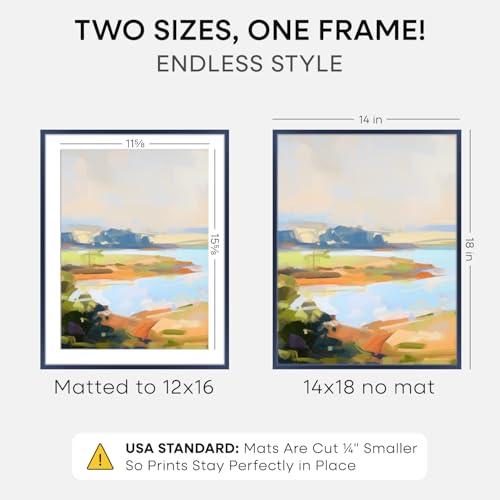 Image of Homeforia 14x18 Picture Frame Navy Blue, High End Metal 14x18 Poster Frames with Mat 12x16 Photo, 14 x 18 Navy Blue Frame Matted to 12 by 16 Print, 18x14 Thin Frame, Tempered Glass, Wall Kit, Set of 1
