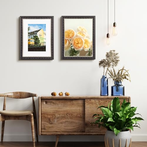 Image of Golden State Art, 12X16 Ornate Finish Photo Frame with White Mat for 8X12 Picture & Real Glass, Color: Black with Silver & Burgundy