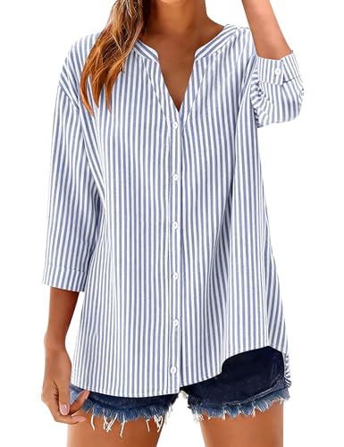 LOMON LOMON Womens 3/4 Length Sleeve Tops Cotton Gingham Stripe Button Down Shirt