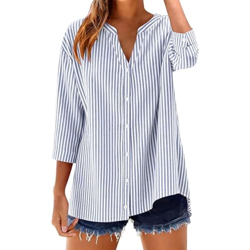 LOMON Cotton 3/4 Sleeve Button Down Shirts for Women Gingham Plaid Striped Tops V Neck Casual Loose Blouse Dark Blue Striped X-Large