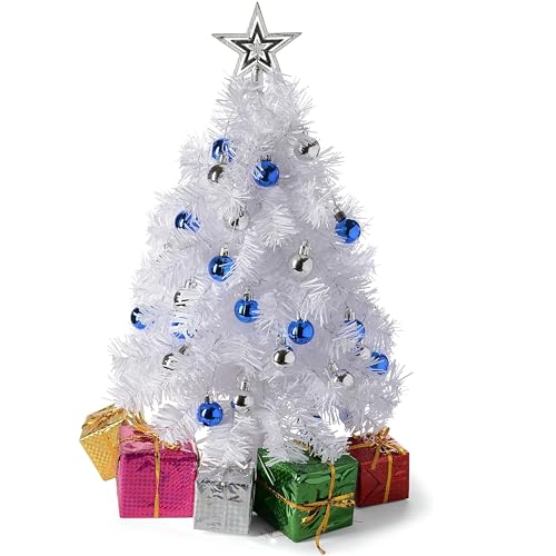 23-Inch Mini White Christmas Tree with Warm-White LED Lights - Small Xmas Decor with Lights and Star Treetop - DIY Tabletop Little Christmas Tree, Decorated Gift Boxes and Hanging Ornaments