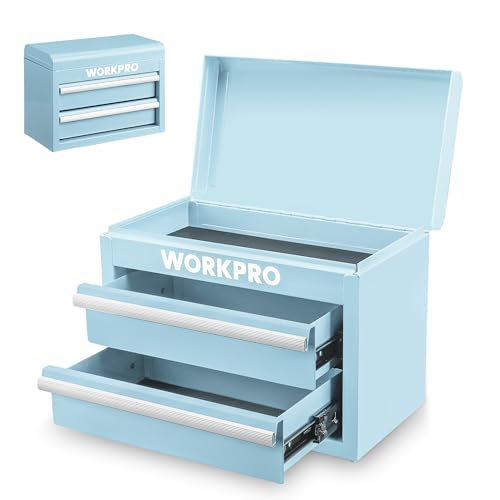 WORKPRO Metal Mini Tool Box, Top Tool Chest Containing Two Drawers with Ball Bearing Slides, PVC Drawer Liners and PP Feet Pads, Durable Cold Rolled Steel Small Toolbox for Multi-Purpose Storage