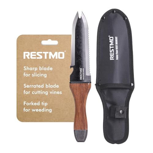 Restmo Professional Hori Hori Garden Knife with Sheath, Heavy Duty High-Strength Stainless Steel Dual-Edge with Depth Gauge, Full-Tang Design & Ergonomic Walnut Handle for Gardening & Farming