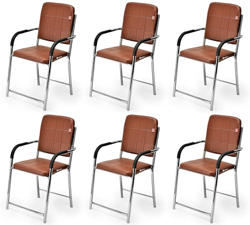 Image of Office Chair Visitor Chair with arm Rest with Steel Frame and Cushioned seat Back, Chair Without Wheels Holds up to 110 kg Heavy Design (6, Brown, Standard)
