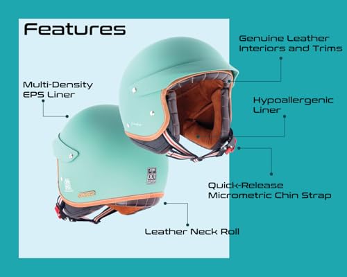 Image of Axor Retro Jet West with Peak ISI and DOT Certified Matte Finish Open Face Helmet for Men and Women with Stylish Peak- Dull Aqua Green-L
