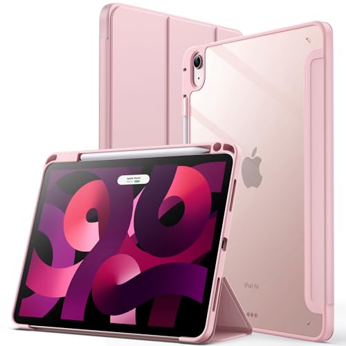 JETech Case for iPad Air 11-Inch M4/M3/M2 (2026/2025/2024), iPad Air 5/4 (2022/2020 5th/4th) with Pencil Holder, Clear Transparent Back Slim Stand Shockproof Tablet Cover, Auto Wake/Sleep (Pink)