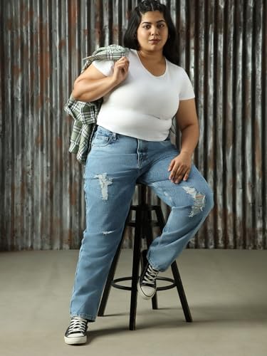 Image of High Star Women Cotton Washed Mom Fit Casual High-Rise Jeans
