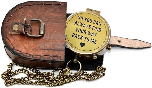 Brújula antigua grabada de latón con estuche de cuero - regalo personalizado para aniversario o cumpleaños miniatura 6