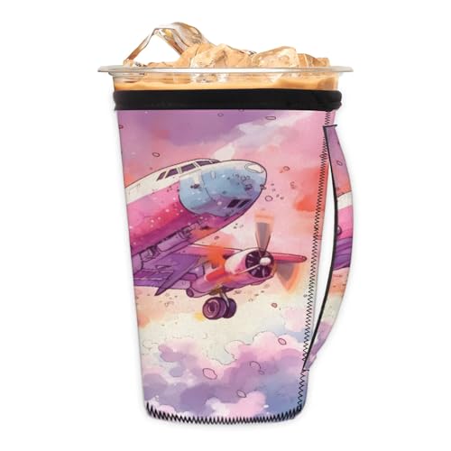 Airplane Watercolor Reusable Neoprene Coffee Sleeve with Handle Insulated Iced Coffee Cup Holder Reduces Condensation Fits 24-28 oz Cups M