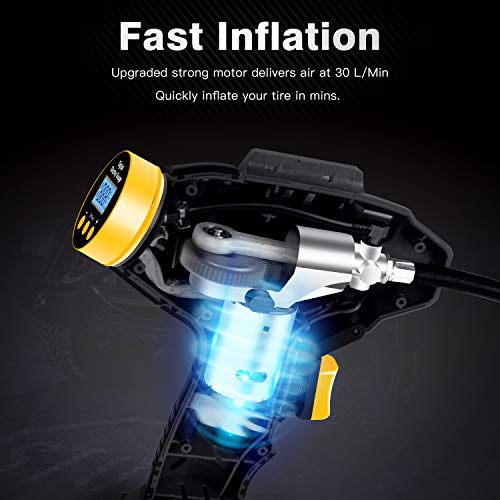 C P CHANTPOWER Tire Inflator Air Compressor, 20V Cordless Tire Pump with Digital Pressure Gauge, AUTO-Off Function, 12V Car Power Adapter for Car Tires, Bicycle, Motorcycle, Balls
