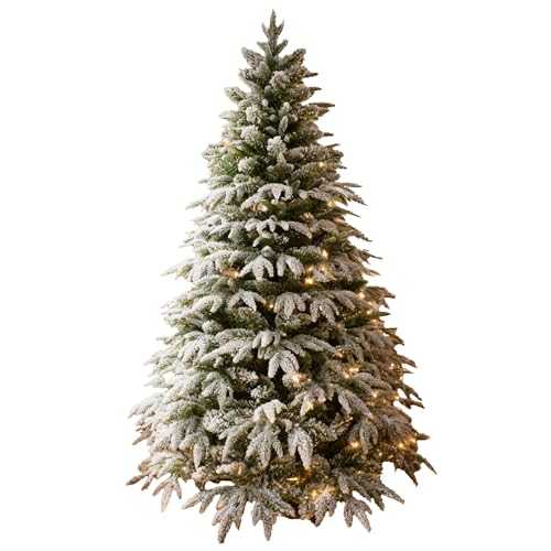 8ft/2.4m Pre-Lit Artificial Christmas Tree Lapland Fir - 400 LED Warm White Lights Snow Flocked 1653 PE/PVC Tips Snowy Bushy Hinged Branches Metal Stand for Xmas Home Decorations