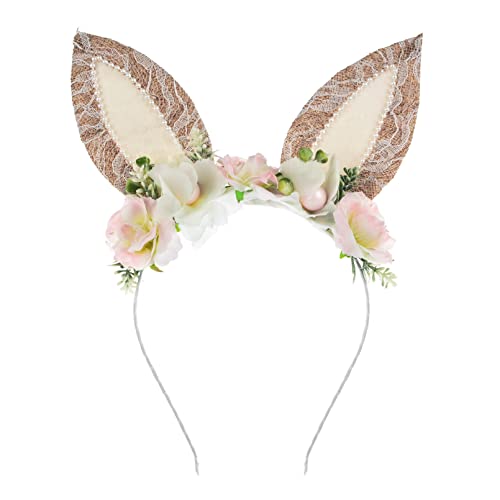 Merroyal Bunny Ears Headband Easter Rabbit Ears Hairband Flower Headpieces (Pink Gray White)