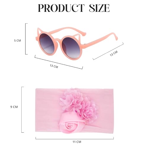 Image of SYGA Baby Rose Flower Stretchable Headband With Uv Protection Cat Type Sunglasses Stylish Combo For Toddlers And Kids (Pink)